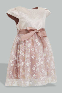 Redtag-Coral-Flower-Artwork-Printed-Mesh-Dress-Dresses-Infant-Girls-3 to 24 Months