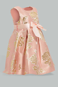Redtag-Coral-Jacquard-Front-Pleats-Dress-Dresses-Infant-Girls-3 to 24 Months