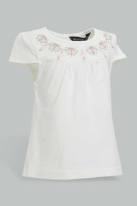 Redtag-White-And-Coral-Front-Gather-Jersey-Top-With-Mesh-Printed-Skirt-Sets-Infant-Girls-3 to 24 Months