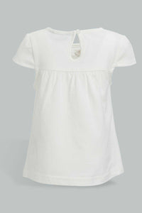 Redtag-White-And-Coral-Front-Gather-Jersey-Top-With-Mesh-Printed-Skirt-Sets-Infant-Girls-3 to 24 Months