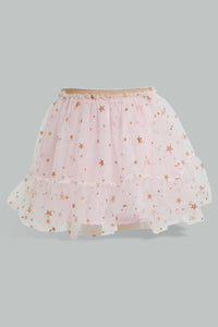 Redtag-White-And-Coral-Front-Gather-Jersey-Top-With-Mesh-Printed-Skirt-Sets-Infant-Girls-3 to 24 Months