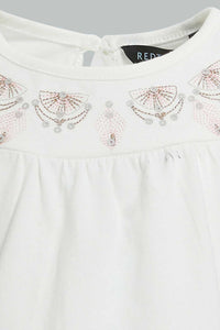 Redtag-White-And-Coral-Front-Gather-Jersey-Top-With-Mesh-Printed-Skirt-Sets-Infant-Girls-3 to 24 Months