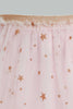 Redtag-White-And-Coral-Front-Gather-Jersey-Top-With-Mesh-Printed-Skirt-Sets-Infant-Girls-3 to 24 Months