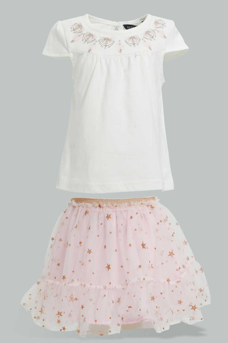 Redtag-White-And-Coral-Front-Gather-Jersey-Top-With-Mesh-Printed-Skirt-Sets-Infant-Girls-3 to 24 Months