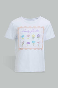 Redtag-White-&-Coral-Flower-Artwork-Short-Sleeves-T-Shirt-With-Trouser-Sets-Infant-Girls-3 to 24 Months