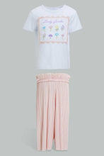 تنزيل الصورة على معرض الصور، Redtag-White-&amp;-Coral-Flower-Artwork-Short-Sleeves-T-Shirt-With-Trouser-Sets-Infant-Girls-3 to 24 Months

