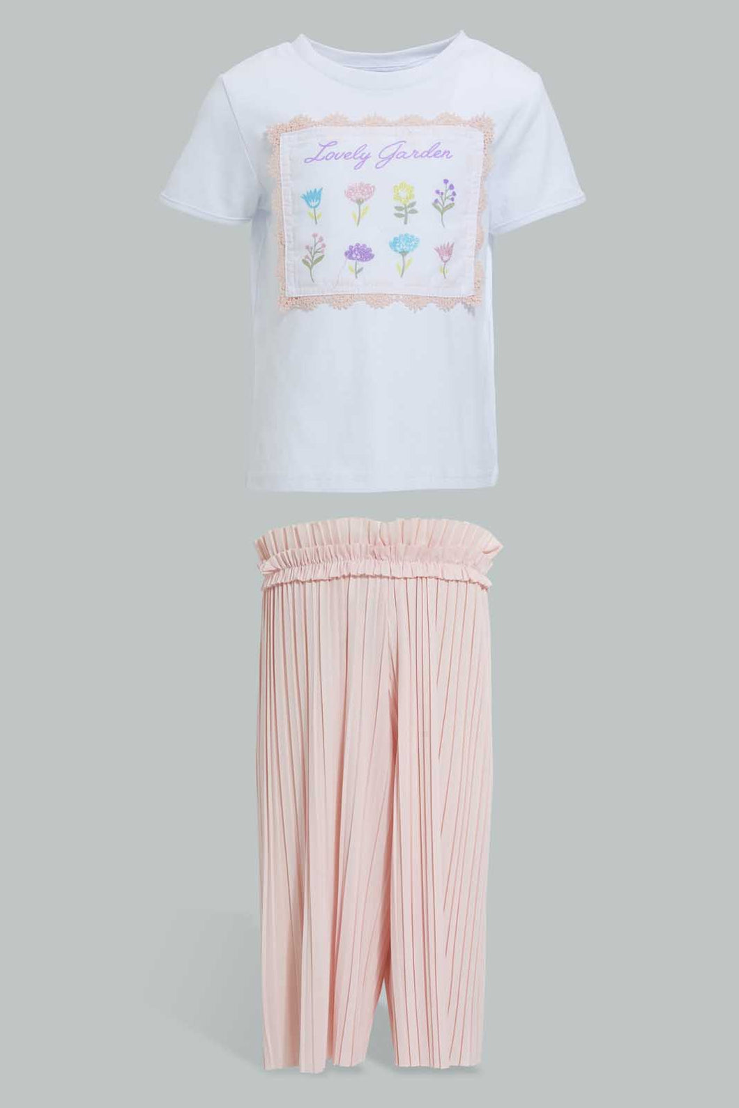 Redtag-White-&-Coral-Flower-Artwork-Short-Sleeves-T-Shirt-With-Trouser-Sets-Infant-Girls-3 to 24 Months