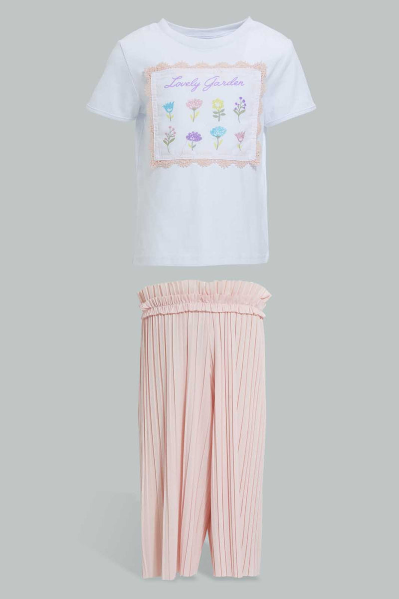Redtag-White-&-Coral-Flower-Artwork-Short-Sleeves-T-Shirt-With-Trouser-Sets-Infant-Girls-3 to 24 Months