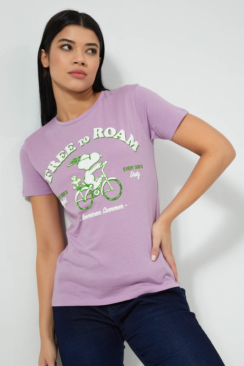 Redtag-Purple-Snoopy-Print-T-Shirt-Colour:Purple,-Filter:Women's-Clothing,-New-In,-New-In-Women,-Non-Sale,-S22B,-Section:Women,-Women-T-Shirts-Women's-