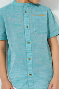 Redtag-Navy-Short-Sleeve-Mandarin-Collar-Shirt-Casual-Shirts-Boys-2 to 8 Years