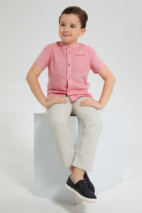 Redtag-Red-Short-Sleeve-Mandarin-Collar-Shirt-Casual-Shirts-Boys-2 to 8 Years