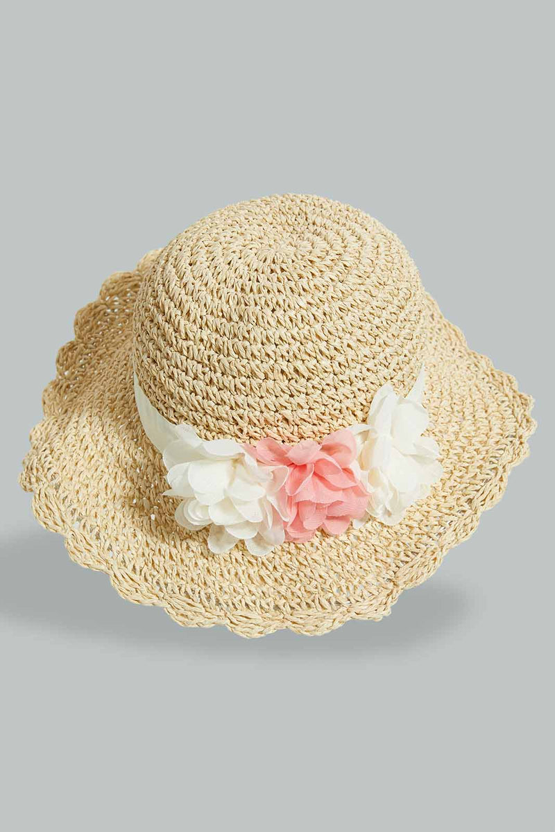 Redtag-Beige-Floral-Hat-For-Girls-Colour:Beige,-Filter:Girls-Accessories,-GIR-Caps,-New-In,-New-In-GIR-ACC,-Non-Sale,-S22B-Girls-