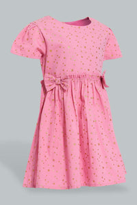 Redtag-Pink-Star-Printed-Cap-Sleeve-Dress-Dresses-Infant-Girls-3 to 24 Months