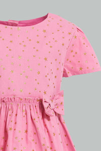 Redtag-Pink-Star-Printed-Cap-Sleeve-Dress-Dresses-Infant-Girls-3 to 24 Months