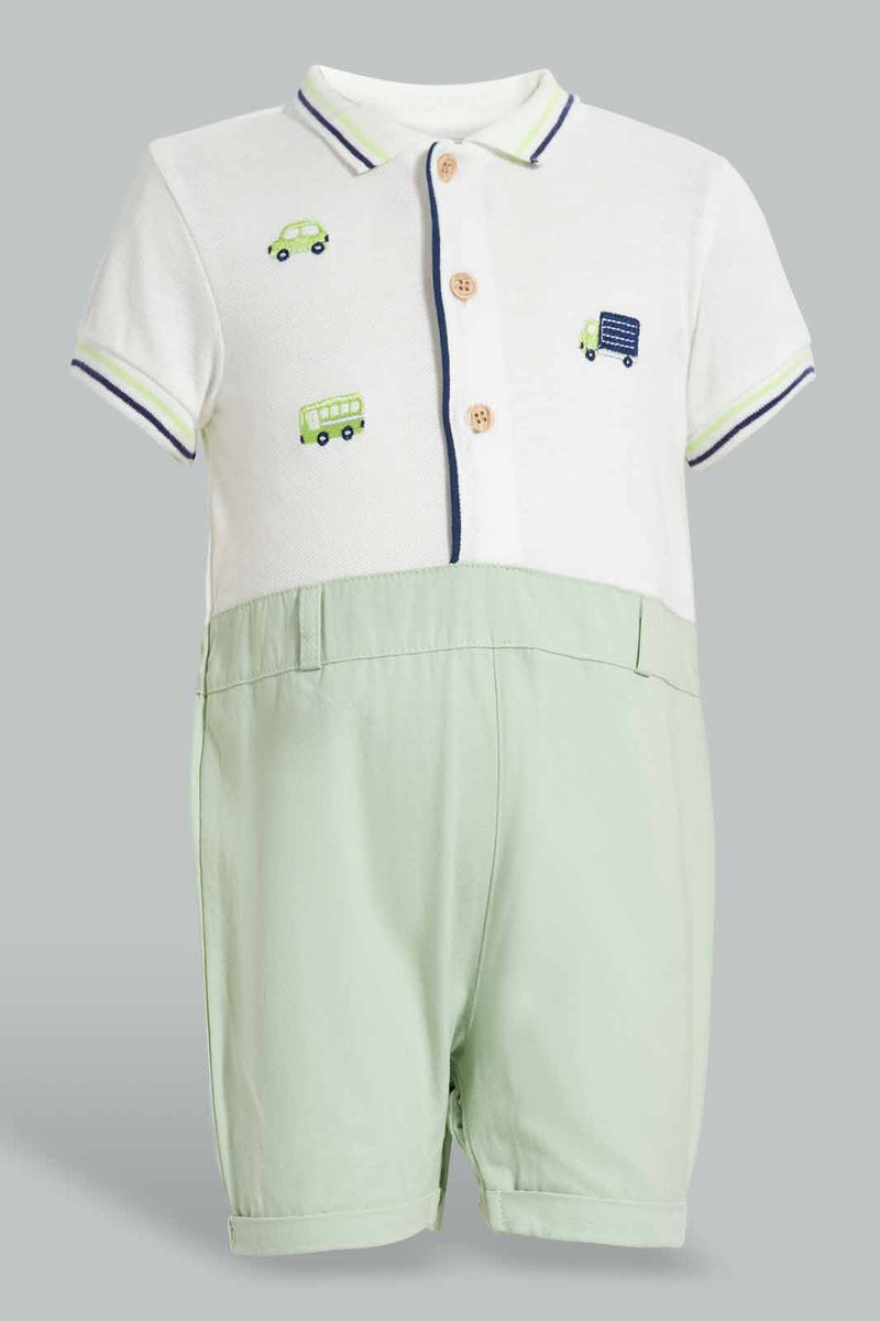 Redtag-Green-And-White-Polo-Car-Romper-Rompers-Baby-0 to 12 Months