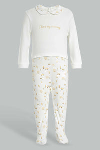 Redtag-Beige-And-White-Foil-Print-Sleep-Suit-With-Hat-Sleepsuits-Baby-0 to 12 Months