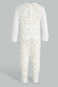 Redtag-Beige-And-White-Foil-Print-Sleep-Suit-With-Hat-Sleepsuits-Baby-0 to 12 Months