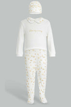 Load image into Gallery viewer, Redtag-Beige-And-White-Foil-Print-Sleep-Suit-With-Hat-Sleepsuits-Baby-0 to 12 Months
