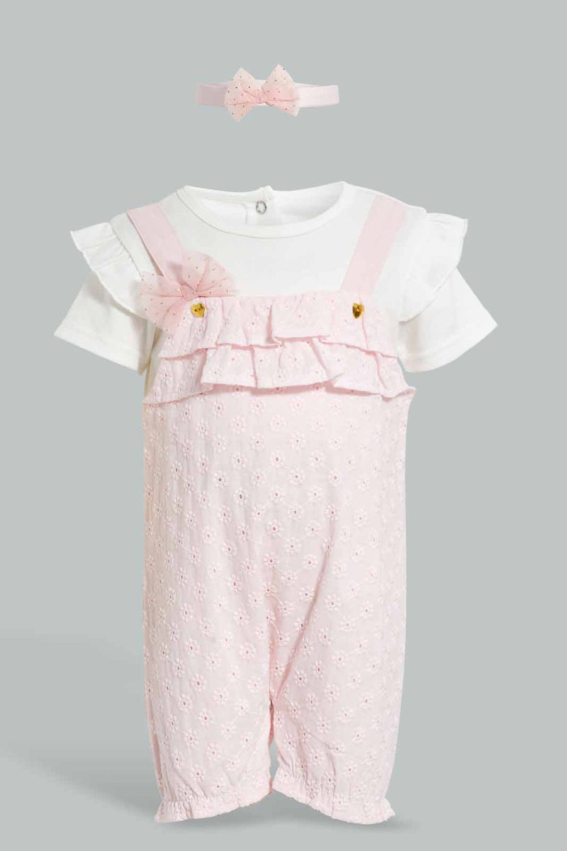 Redtag-Pink-Broidery-Anglis-Romper-With-Head-Band-Rompers-Baby-0 to 12 Months