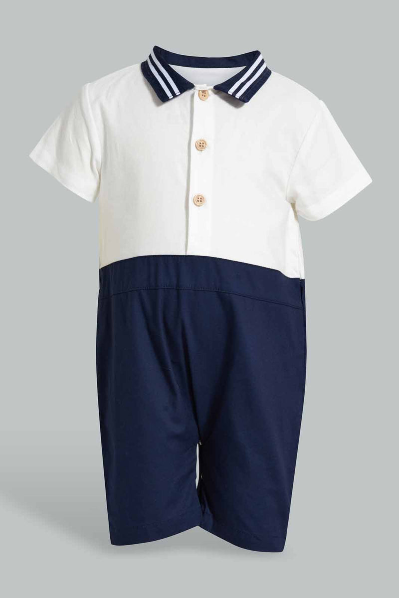 Redtag-Navy-And-White-Shirt-Romper-Rompers-Baby-0 to 12 Months