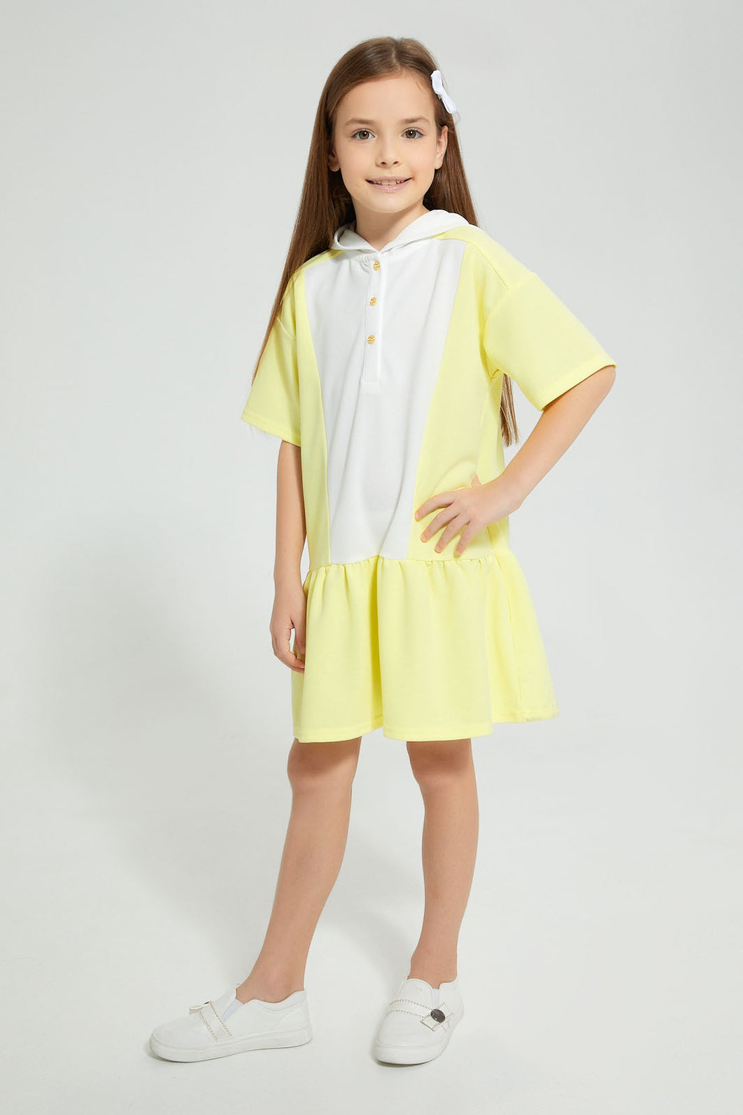 Redtag-Yellow-Color-Block-Dress-Dresses-Girls-2 to 8 Years