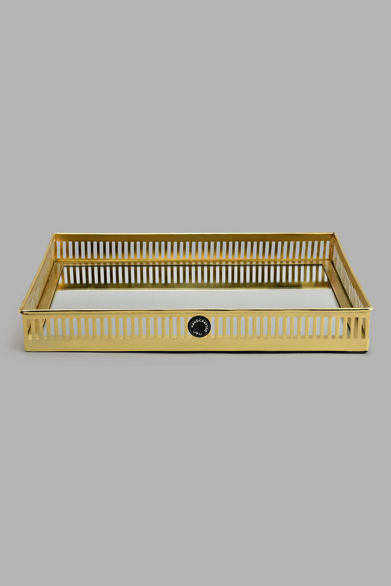 Redtag-Gold-Ribbed-Rectangle-Tray-With-Mirror-Colour:Gold,-Filter:Home-Decor,-HMW-HOM-Trays,-New-In,-New-In-HMW-HOM,-Non-Sale,-S22B,-Section:Homewares-Home-Decor-