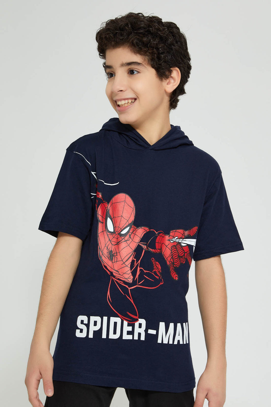 Redtag-Navy-Spiderman-Hoody-T-Shirt-Graphic-Prints-Senior-Boys-9 to 14 Years