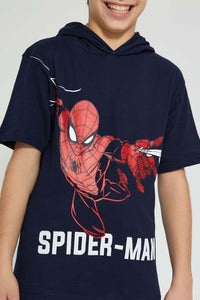 Redtag-Navy-Spiderman-Hoody-T-Shirt-Graphic-Prints-Senior-Boys-9 to 14 Years