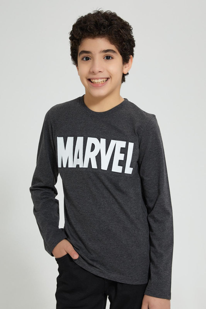 Redtag-Charcoal-Marvel-Embroideredoss-T-Shirt-Graphic-Prints-Senior-Boys-9 to 14 Years