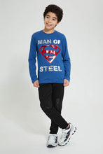 تنزيل الصورة على معرض الصور، Redtag-Blue-Melange-Superman-Embroideredoss-T-Shirt-Graphic-Prints-Senior-Boys-9 to 14 Years
