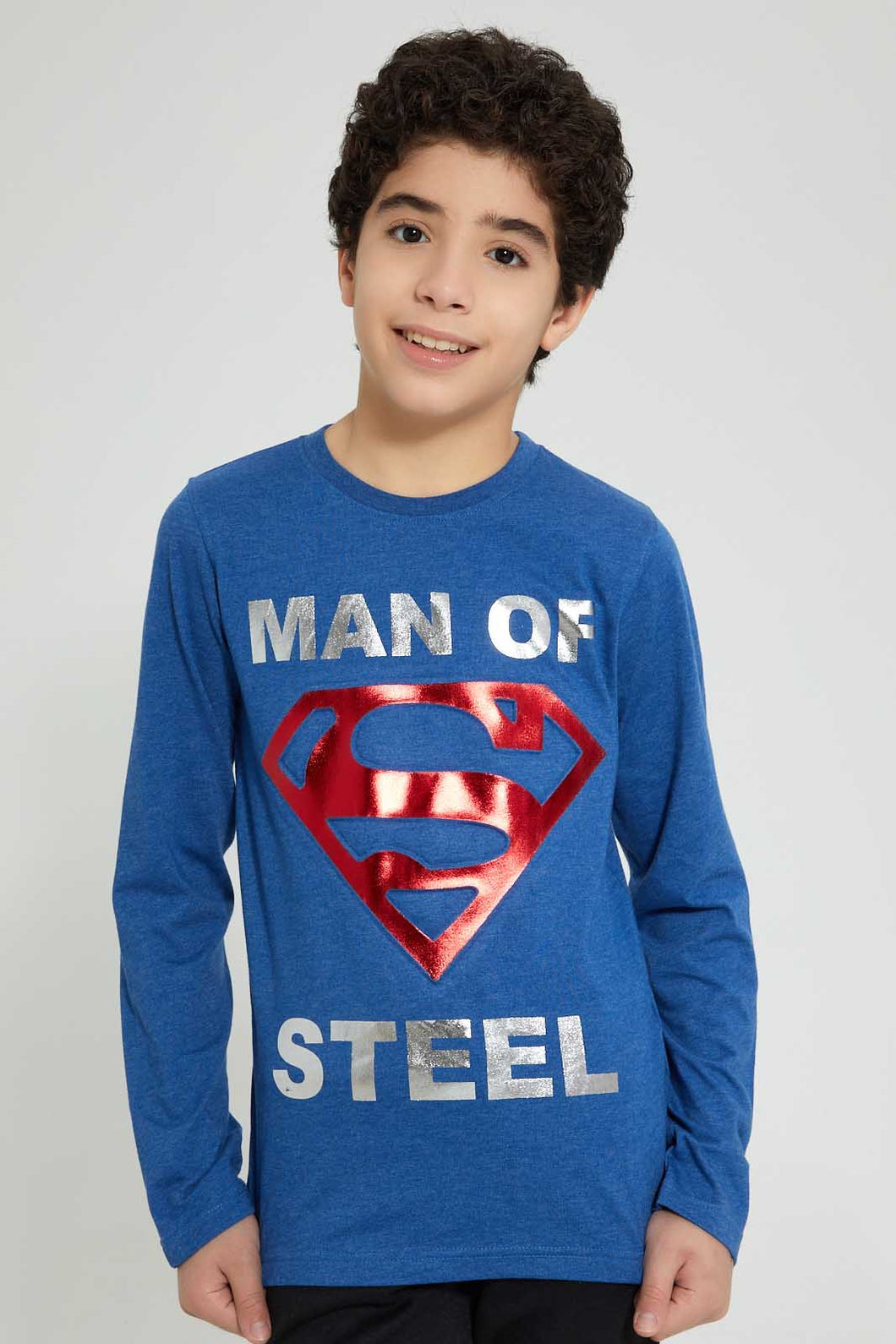 Redtag-Blue-Melange-Superman-Embroideredoss-T-Shirt-Graphic-Prints-Senior-Boys-9 to 14 Years