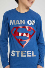 تنزيل الصورة على معرض الصور، Redtag-Blue-Melange-Superman-Embroideredoss-T-Shirt-Graphic-Prints-Senior-Boys-9 to 14 Years
