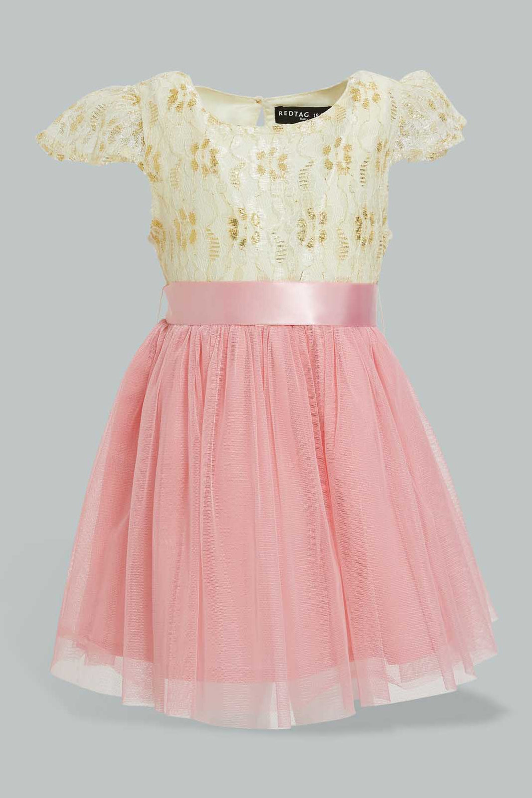 Redtag-Ivory-Lace-Yoke-Belted-With-Coral-Mesh-Dress-Dresses-Infant-Girls-3 to 24 Months