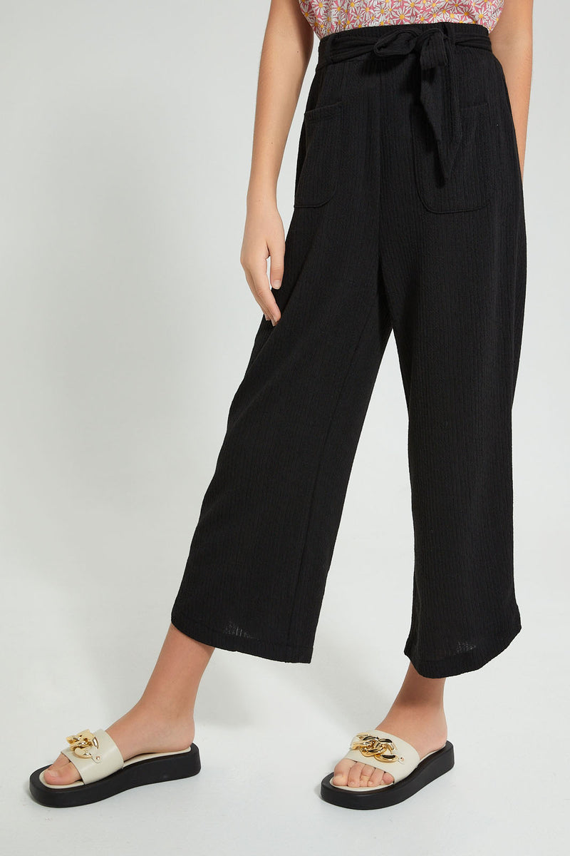 Redtag-Black-Jacquard-Culottes-With-Belt-Trousers-Senior-Girls-9 to 14 Years