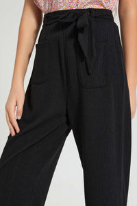 Redtag-Black-Jacquard-Culottes-With-Belt-Trousers-Senior-Girls-9 to 14 Years