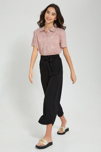 Redtag-Black-Jacquard-Culottes-With-Belt-Trousers-Senior-Girls-9 to 14 Years