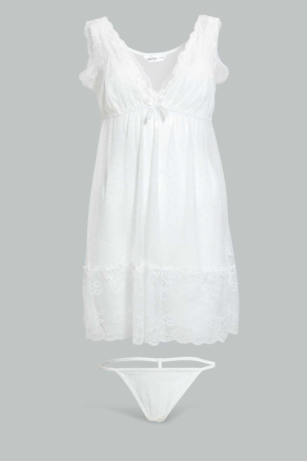Redtag-Ivory-Plain-Non-Padded-Mesh-Babydoll-With-Thong-Babydolls-Women's-