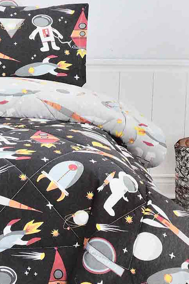 Redtag-Black/Grey-Space-Craft-Print-2-Piece-Comforter-Set-(Kids)-Kids-Comforters-Home-Bedroom-