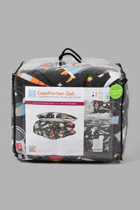 Redtag-Black/Grey-Space-Craft-Print-2-Piece-Comforter-Set-(Kids)-Kids-Comforters-Home-Bedroom-