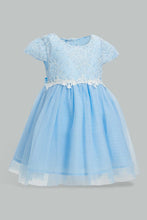 Load image into Gallery viewer, Redtag-Blue-Lace-Yoke-Mesh-Dress-Dresses-Infant-Girls-3 to 24 Months
