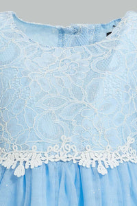 Redtag-Blue-Lace-Yoke-Mesh-Dress-Dresses-Infant-Girls-3 to 24 Months