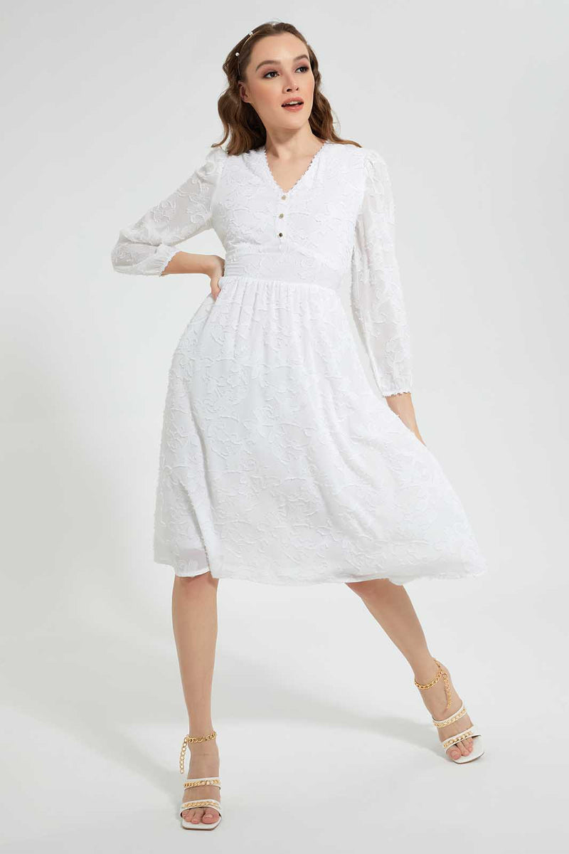 Redtag-White-Textured-Dress-Dresses-Women's-