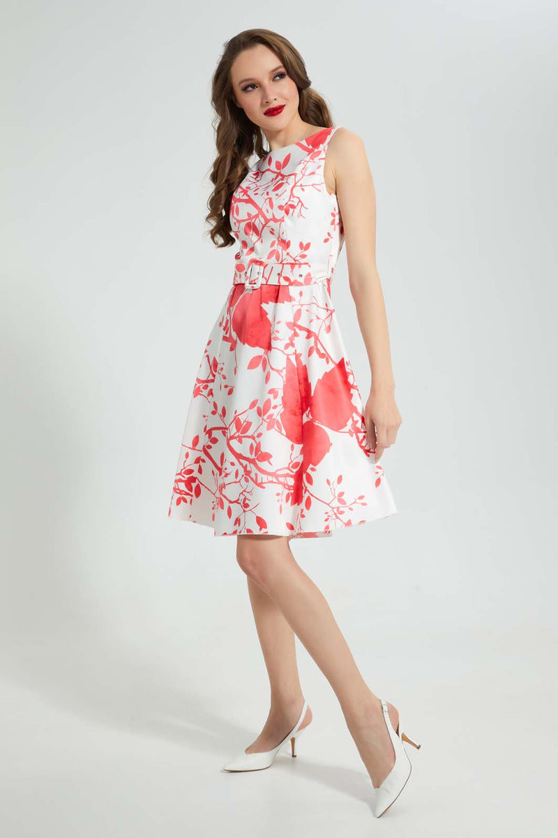 Redtag-White-Printed-Skater-Dress-Dresses-Women's-