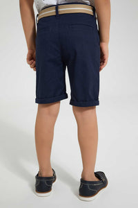 Redtag-Navy-Belted-Birdseye-Short-Shorts-Boys-2 to 8 Years