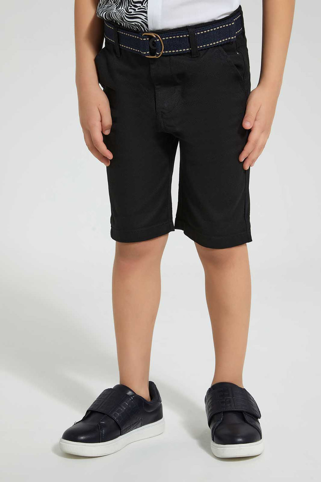 Redtag-Black-Belted-Birdseye-Short-Shorts-Boys-2 to 8 Years