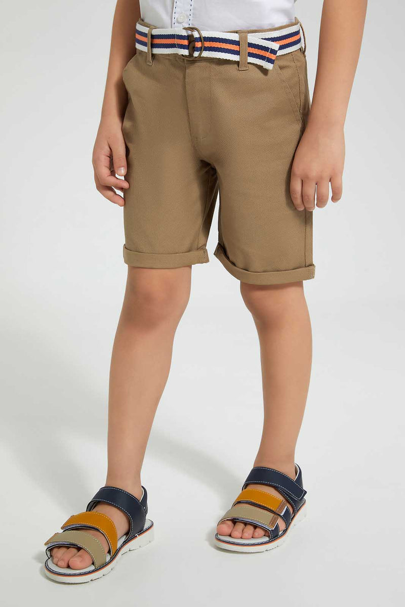 Redtag-Beige-Belted-Birdseye-Short-Shorts-Boys-2 to 8 Years