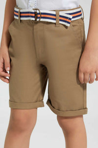 Redtag-Beige-Belted-Birdseye-Short-Shorts-Boys-2 to 8 Years