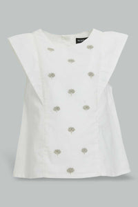 Redtag-White-Cut-And-Sew-Embroidered-Blouse-With-Coral-Short-Sets-Infant-Girls-3 to 24 Months