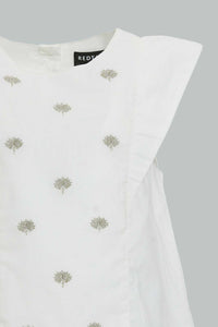Redtag-White-Cut-And-Sew-Embroidered-Blouse-With-Coral-Short-Sets-Infant-Girls-3 to 24 Months