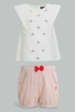 Load image into Gallery viewer, Redtag-White-Cut-And-Sew-Embroidered-Blouse-With-Coral-Short-Sets-Infant-Girls-3 to 24 Months
